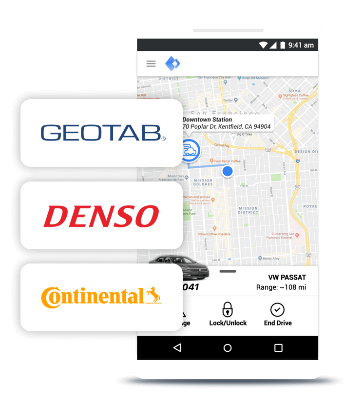 Image of Fleet Share app showing compatibility with Geotab, Denso and Continental telematics