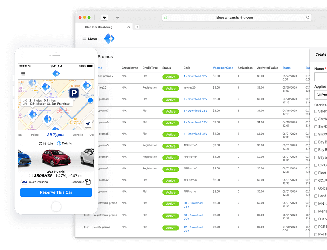 Carsharing mobile view and desktop dashboard