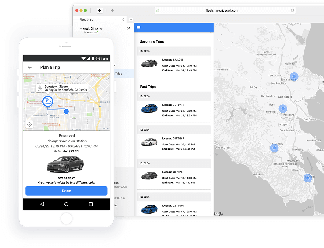 Screenshot of mobile and web interface for Ridecell Fleet Share